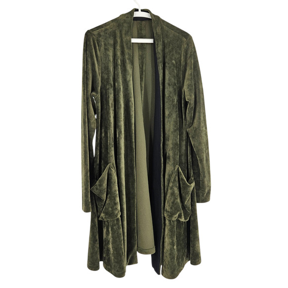 Alembika Cardigan Sweater Olive Green Velvet Velour Open Front Longline Size 1 - Picture 1 of 7